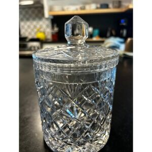 Vintage Style Cut Crystal Biscuit Jar with Lid Diamond Fan Pattern Clear Glass